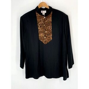 Vintage Maggie Sweet Womens 1X Tunic Top Black with Animal Print Union Made USA